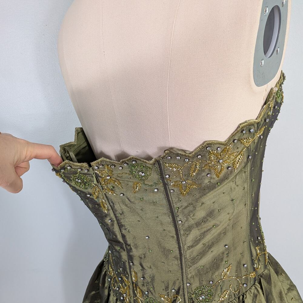 Vintage Prom Dress Maxi Gown 14 Olive Green Fairy Princess Goth Y2K Strapless - Picture 10 of 14